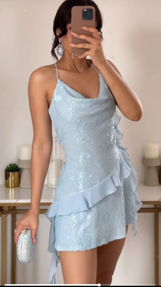 Trendy Sheath Halter Sequin Light Sky Blue Mini Short Formal 7th Grade Homecoming Dresses Middle School Short Prom Dress Hoco Outfits DH1384