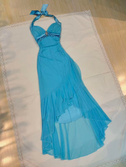 Blue Halter Chiffon Ruffles Sheath Formal Evening Dresses