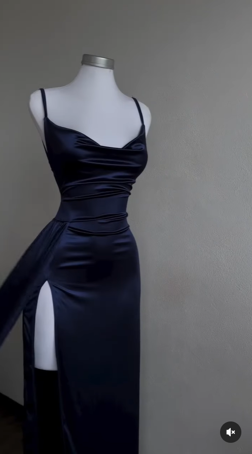 Navy Blue Sheath Satin Long Prom Dress Evening Dresses for Weddings