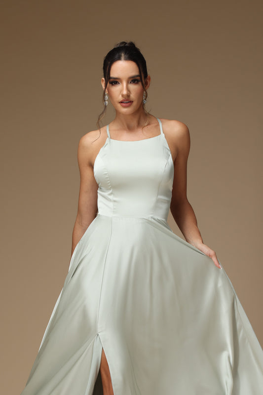 liymcdress Prom Dress Spaghetti Strap Long Light Green Sleeveless Slit YX0026