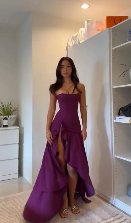 Purple Strapless Sleeveless Split A Line Prom Dress with Ruffles - liymcdress