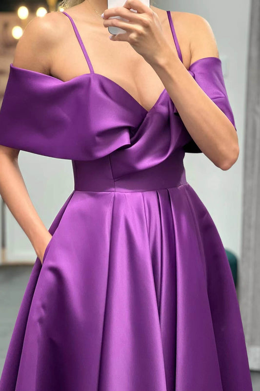 Elegant Purple Off-the-Shoulder A Line Prom Dress with Pockets - liymcdress