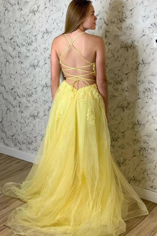 Yellow Lace Appliques Long Halter Tulle Prom Dress - liymcdress