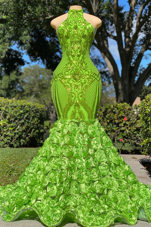 Glamorous Green Halter Sleeveless Prom Dress Mermaid Backless with Flower