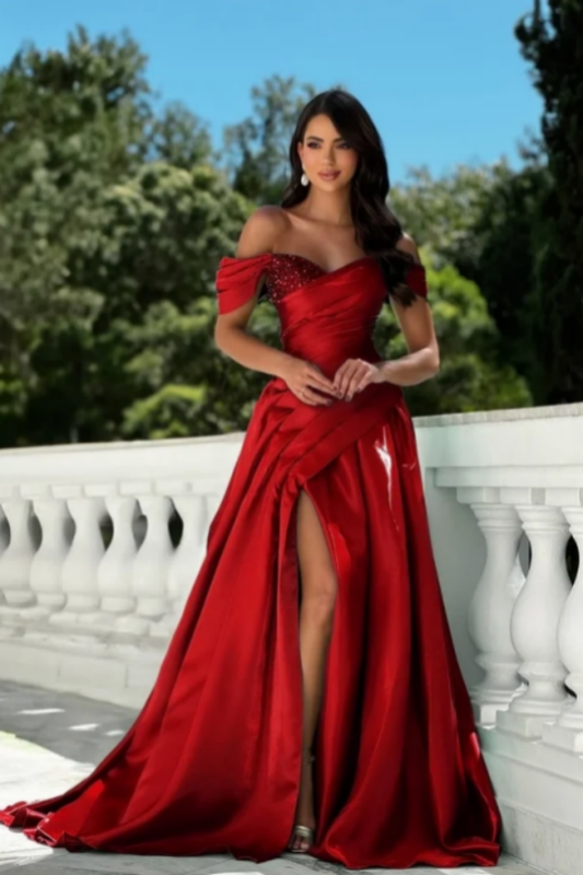 Charming Red Off-Shoulder Pleated Prom Dress Floor Length with Split - liymcdress