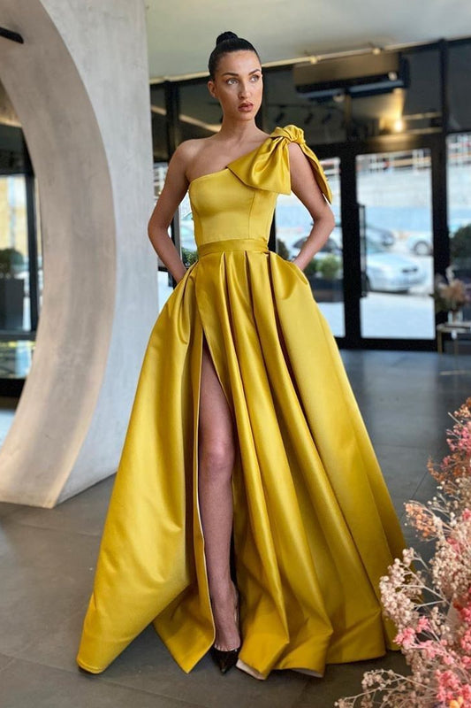 Yellow One-Shoulder Prom Dress Split with Pockets - liymcdress