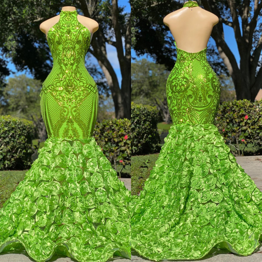 Glamorous Green Halter Sleeveless Prom Dress Mermaid Backless with Flower