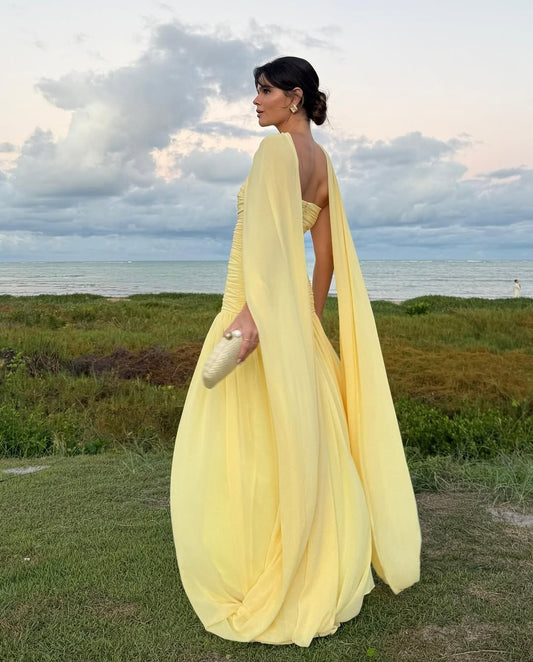 Yellow Strapless Straigght Across A-Line Prom Dress Split with Train - liymcdress