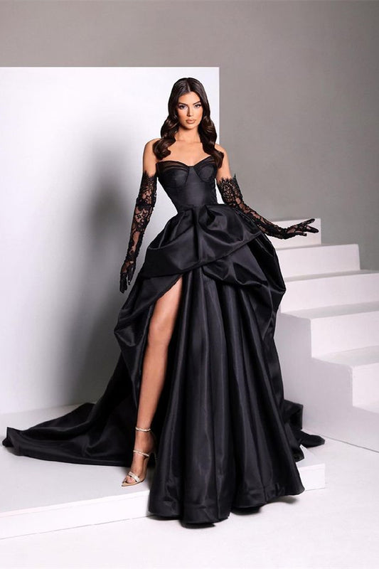 Black Taffeta Sweetheart Slit Prom Dress With Long Lace Gloves | Liymcdress