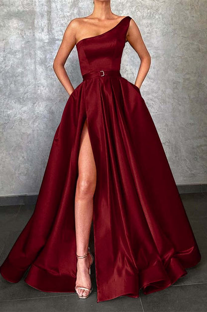 Glamorous One Shoulder Red Prom Dress Split With Pockets | Liymcdress