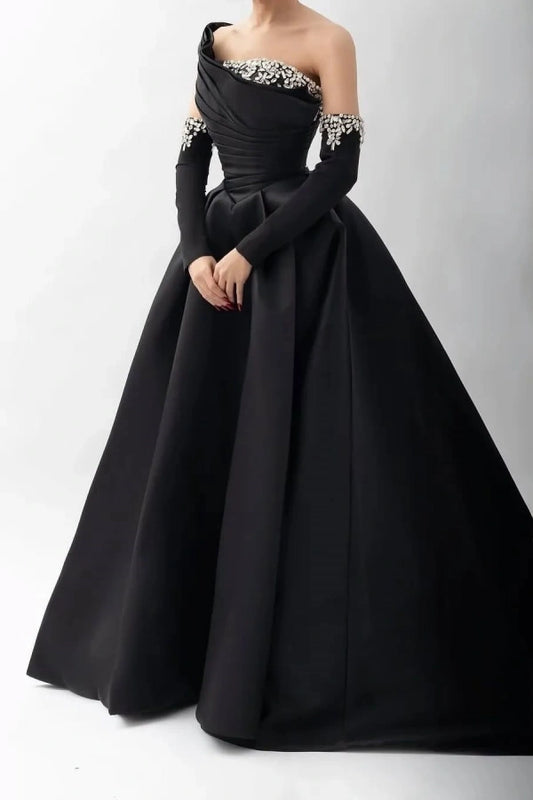 Elegant Black Asymmetric Prom Dress Empire with Rhinestone