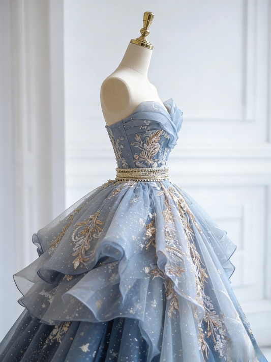 Chic Gray Blue Long Prom Dresses Tulle Applique Sweetheart A-Line Evening Dresses Sleeveless Birthday Dresses ED06211