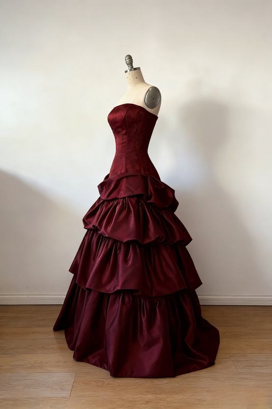 Gorgeous A-Line Burgundy Prom Dress Satin Strapless  Long Evening Dress Sleeveless Birthday Dress ED06451