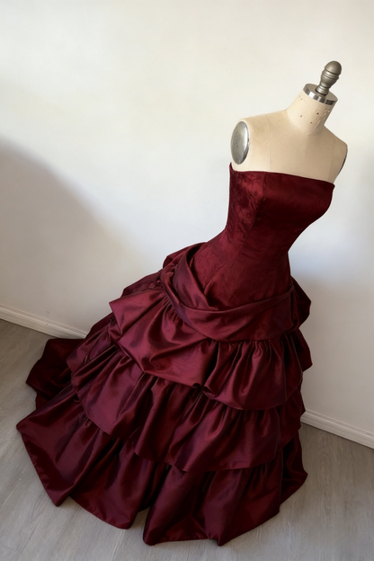 Gorgeous A-Line Burgundy Prom Dress Satin Strapless  Long Evening Dress Sleeveless Birthday Dress ED06451