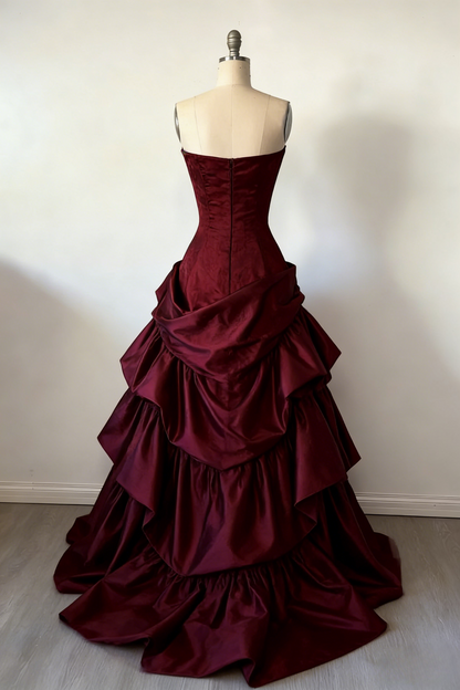 Gorgeous A-Line Burgundy Prom Dress Satin Strapless  Long Evening Dress Sleeveless Birthday Dress ED06451