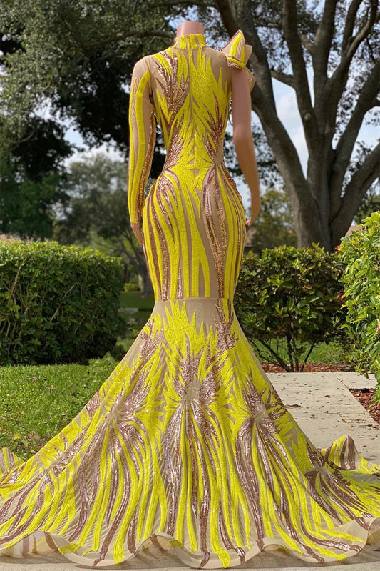 Light Yellow Prom Dress One Shoulder Halter Mermaid Classic Appliques YL0106