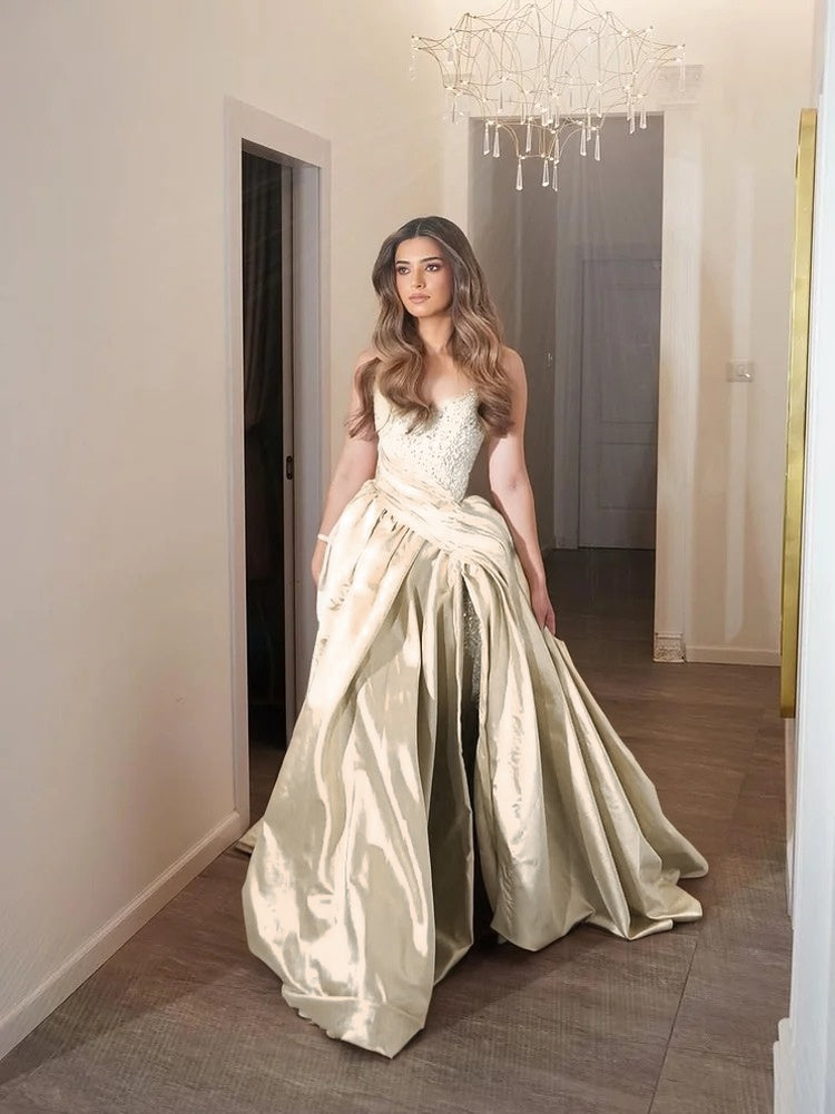 Light Gold Strapless Sleeveless Pleated A Line Prom Dress with Beaded - liymcdress