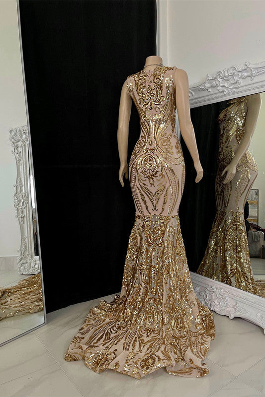 Glamorous Gold Sleeveless Deep V-Neck Prom Dress Mermaid with Applique