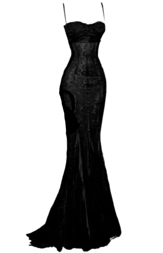 Elegant Mermaid Spaghetti Straps Black Lace Long Prom Dress Birthday Outfits
