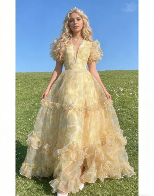 Fairy A-Line Long Yellow Prom Dresses Floral Tulle Yellow Evening Dresses Yellow Christmas Party Dresses   EP05684