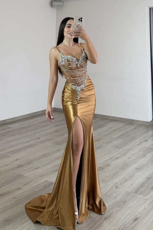 Gold Spaghetti Strap V-Neck Mermaid Prom Dress with Beadings - liymcdress