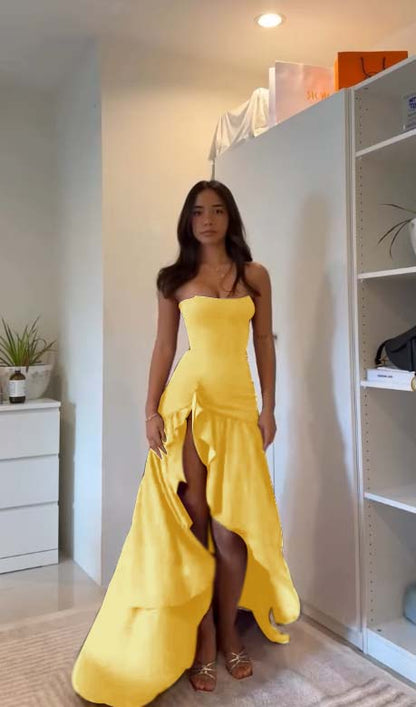 Purple Strapless Sleeveless Split A Line Prom Dress with Ruffles - liymcdress