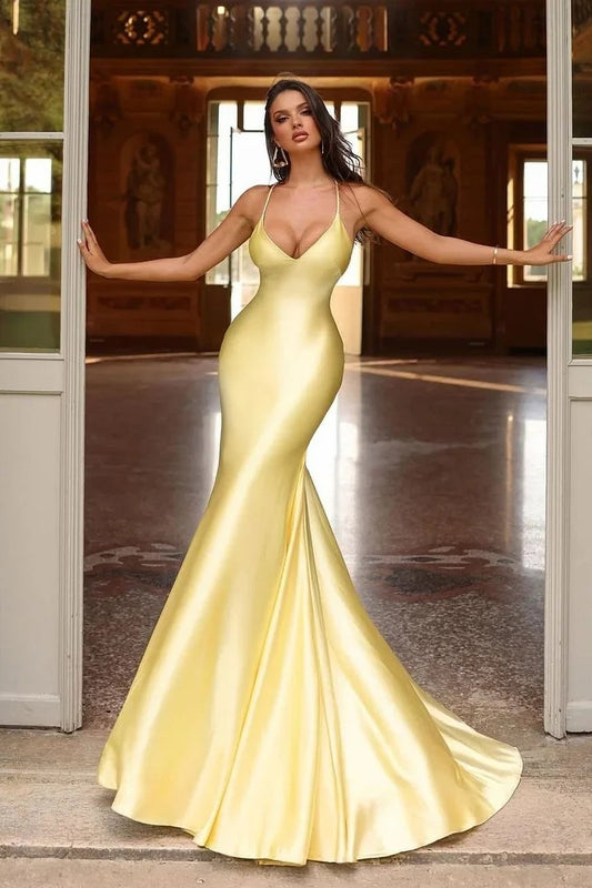 Yellow Spaghetti Strap V Neck Mermaid Prom Dress - liymcdress