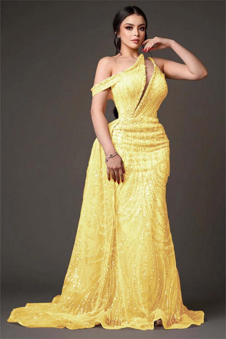 Light Gold One Shoulder Sheath Prom Dress Off-the-Shoulder with Sequins - liymcdress