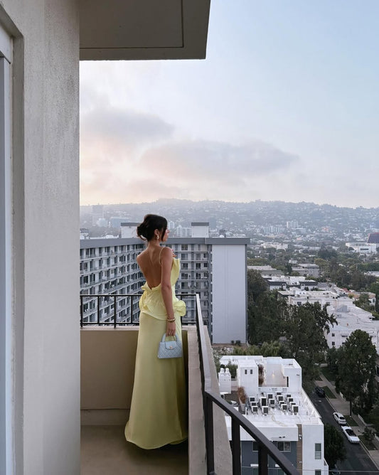 Yellow Spaghetti Strap Ruffles Prom Dress Mermaid  with Pleated - liymcdress