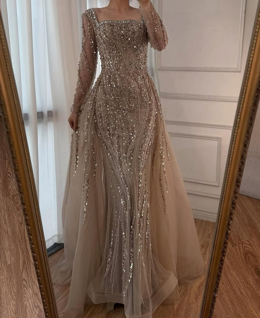 Elegant Square Neck Sequins Applique Long Sleeves Prom Dress with Train | Liymcdress
