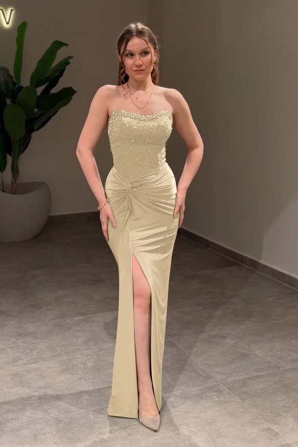 Charming Green Strapless Split Mermaid Prom Dress Pleated with Beading - liymcdress