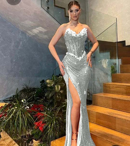 Purple Sweetheart Sleeveless Mermaid Split Prom Dress with Sequins - liymcdress