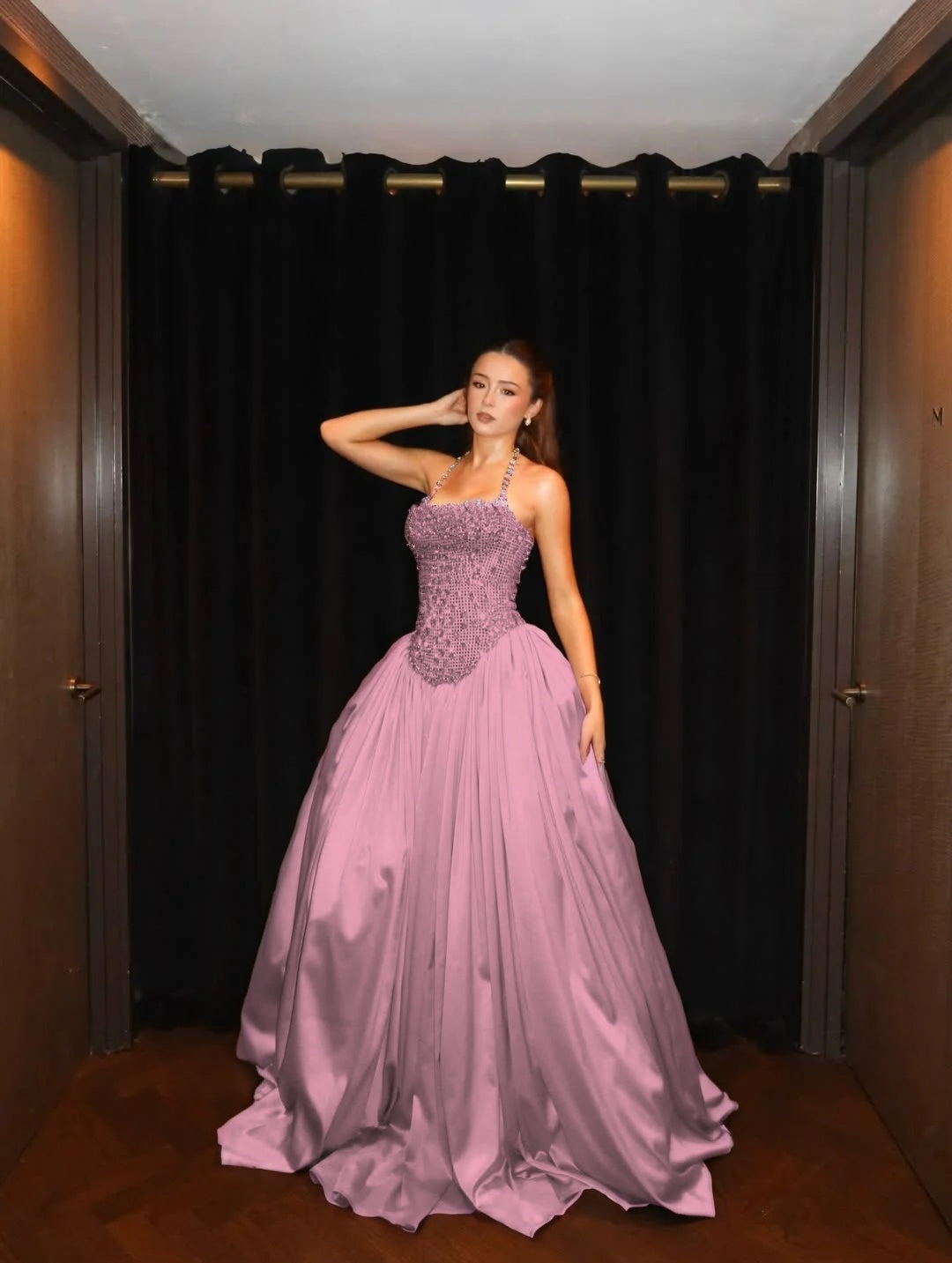 Light Gold Halter Pleated A Line Prom Dress with Rhinestone - liymcdress