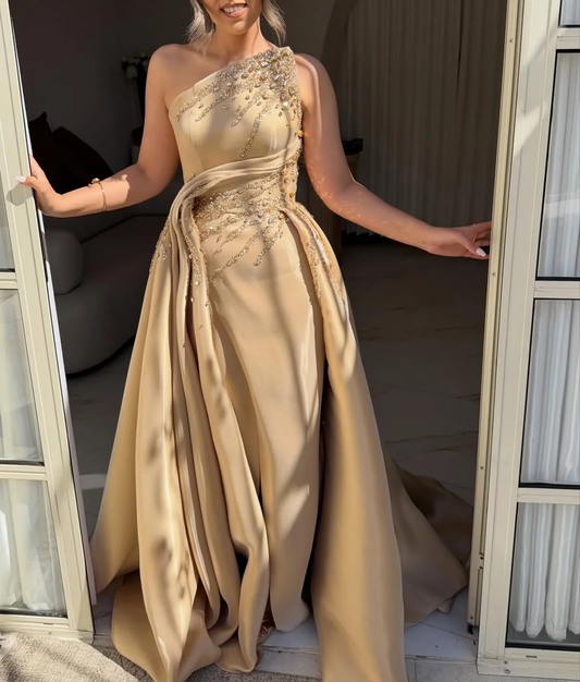 Light Gold One Shoulder Sleeveless A Line Prom Dress Pleated with Rhinestone - liymcdress