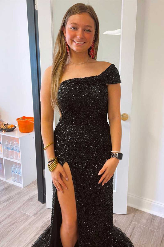 Black One Shoulder Sequin Long Party Dress,Pink Formal Evening Dresses