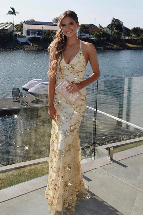 Liymcdress Fashion Lace-Up Mermaid Long Gold Prom Dress with Sequins