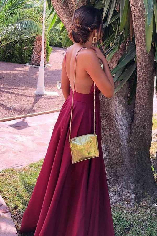 Gorgeous A-line V Neck Burgundy Satin Long Prom/Formal Dress PM209