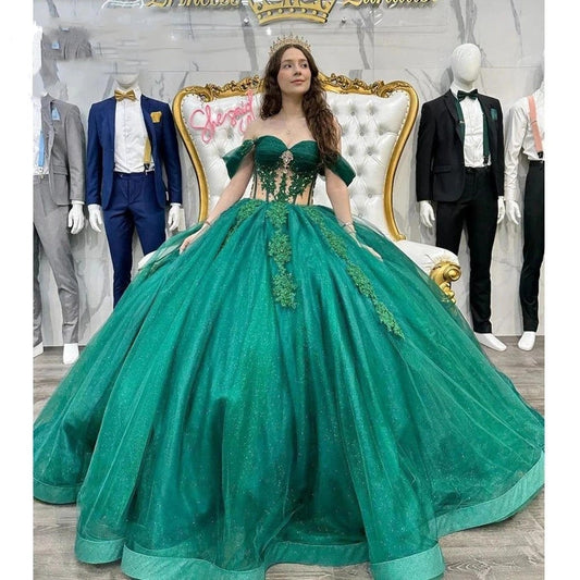 Glitter Emerald Green Tulle Illusion Quinceanera Dress Sweet 15 Dresses