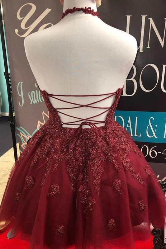 Halter Burgundy Lace A-Line Cute Backless Homecoming Dress    PD373