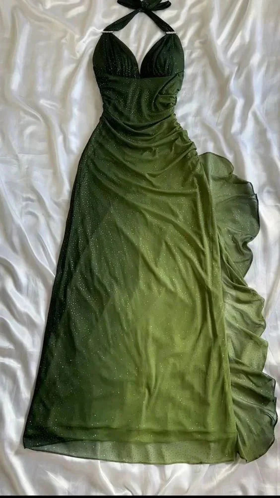 Green Shiny Elegant Strap Gradient Long Chiffon Ball Gown Prom Dress Evening Dress Party Dress