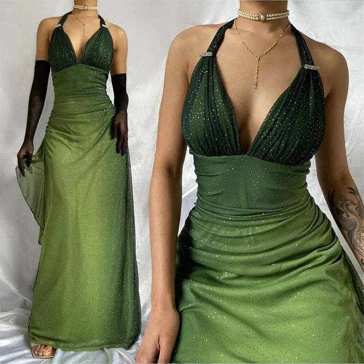 Green Shiny Elegant Strap Gradient Long Chiffon Ball Gown Prom Dress Evening Dress Party Dress