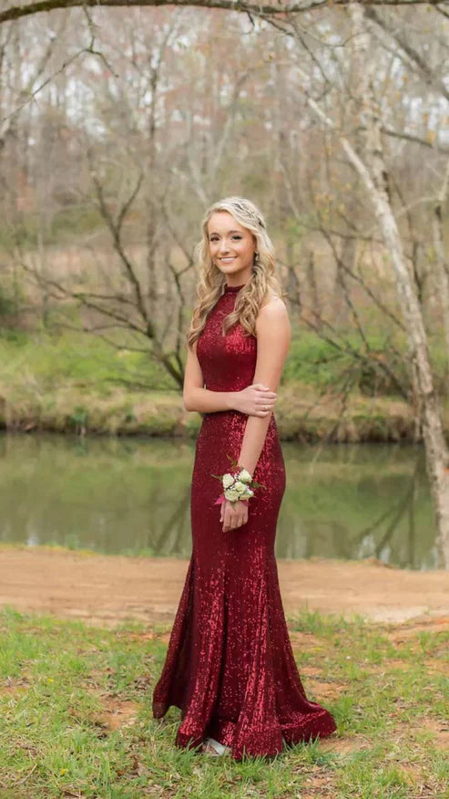 Burgundy Sequins Mermaid Long Prom Dress Sleeveless Sparkly Evening Dress Wholesale