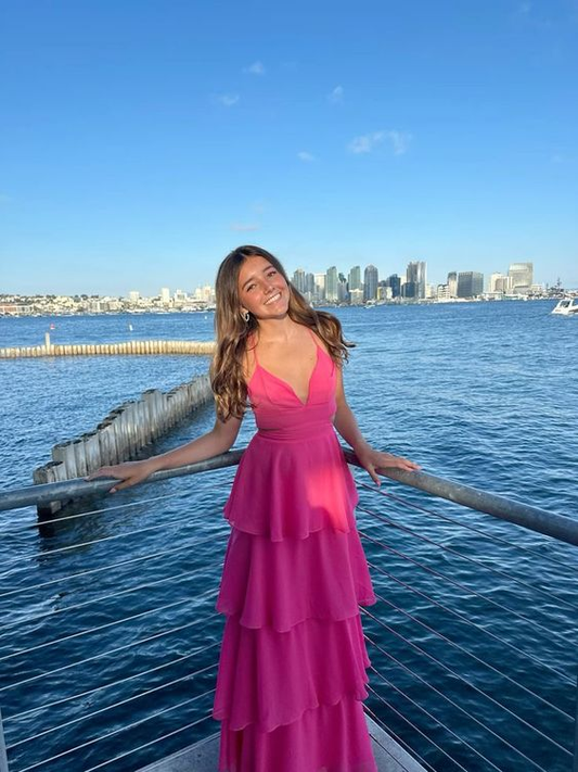 Hot Pink A Line Satin Layer Long Prom Dress Party Graduation Dresses