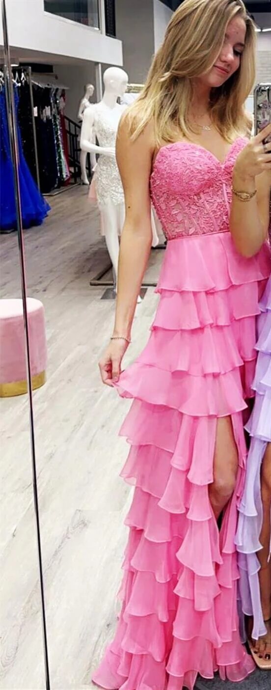 Fancy Yellow Prom Dress Tiered Chiffon Ball Dresses Long