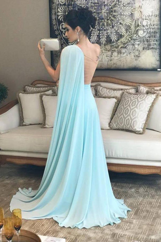 Light Blue One Shoulder Chiffon Pleats Sheer Illusion Prom Dress PG977