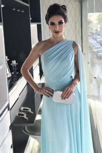 Light Blue One Shoulder Chiffon Pleats Sheer Illusion Prom Dress PG977
