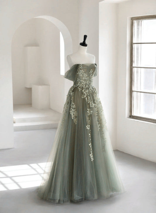 Light Green Tulle Sweetheart A-Line Long Party Dress, Tulle Off Shoulder Prom Dress