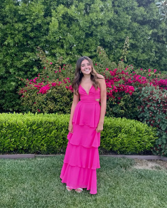 Hot Pink A Line Satin Layer Long Prom Dress Party Graduation Dresses