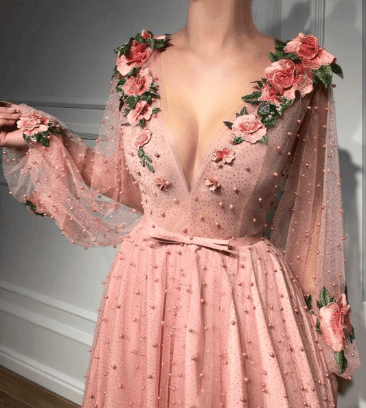 Long Sleeves V Neck 3D Flowers Pink Prom Dress Formal Dress PSK063