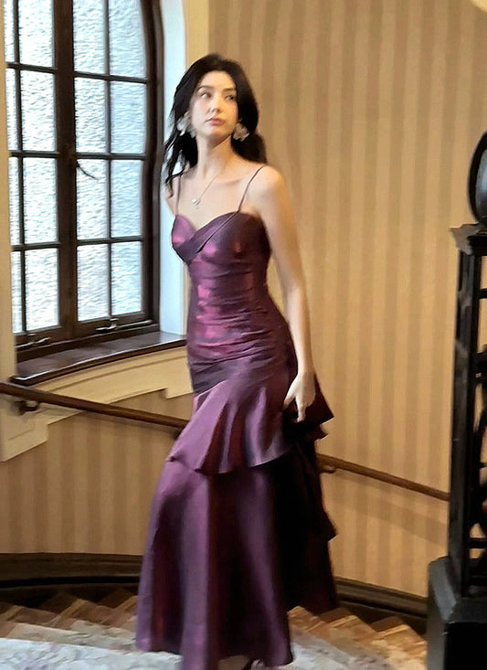 Lovely Satin Purple Straps Mermaid Long Formal Dress, Purple Prom Dress Party Dress